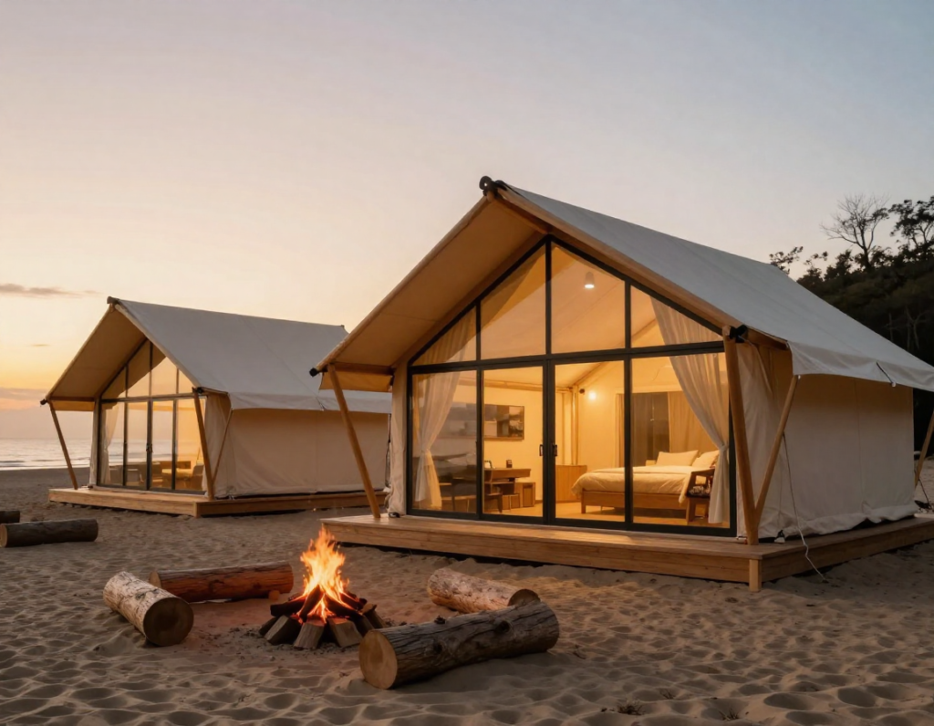 freepik luxury glamping tents on a sandy beach at sunset e 32548