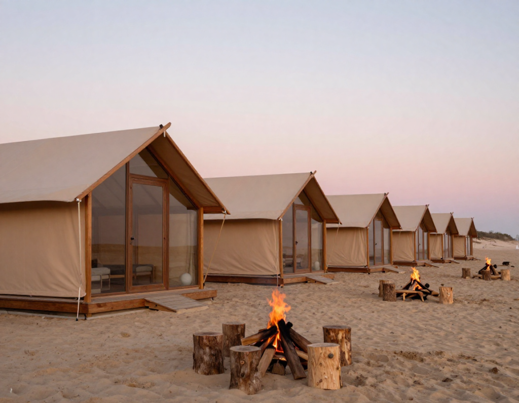 freepik luxury glamping tents on a sandy beach at sunset m 32547